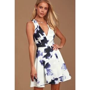 Lulus Seeing Chic Blue and Ivory Print Skater Dress, Size XS